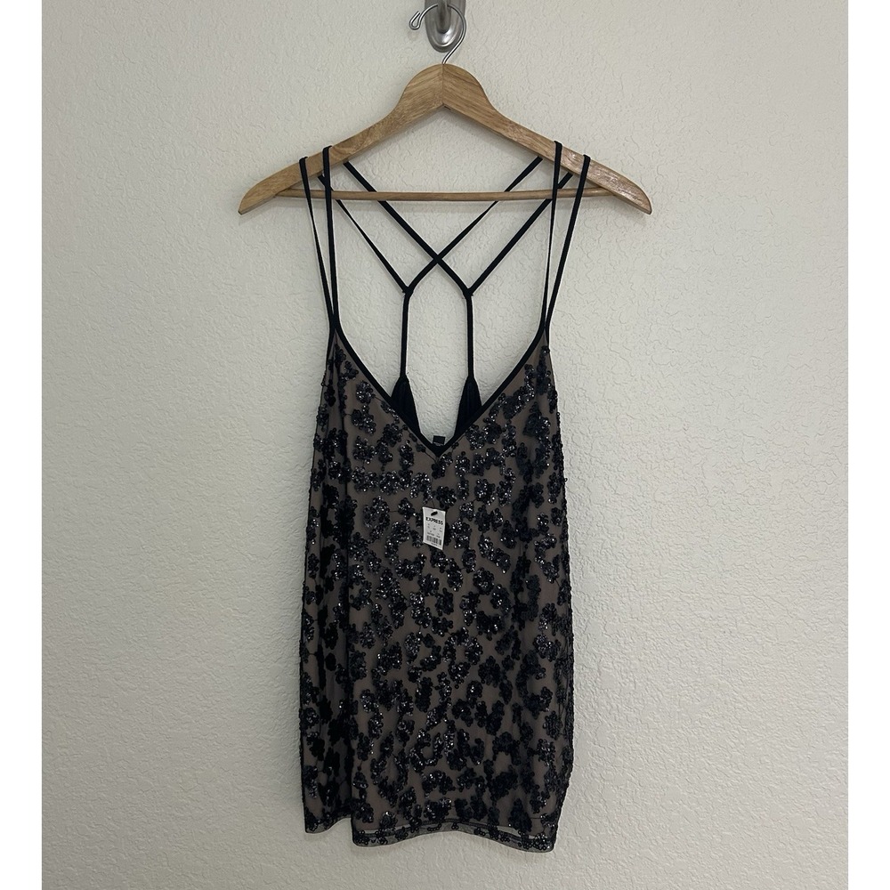 Express Black Sequin V-Neck Spaghetti Strap Camisole Tank Top Size L Glam NWT - Picture 4 of 10